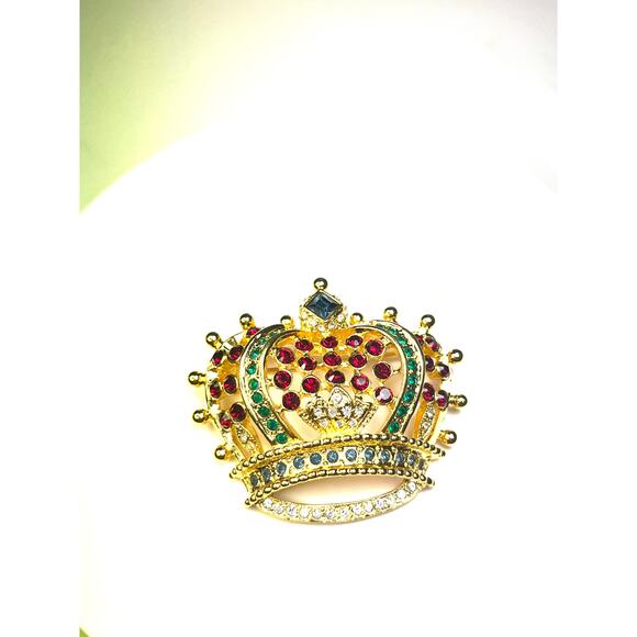 Kenneth Jay Lane Vintage Crown Brooch Pin Gold Tone Red Green Rhinestone - Picture 2 of 9